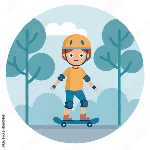Clean and modern vector  skateboarder boy riding skateboard in park with helmet and pads for safety extreme sports vector art