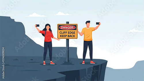 Tourists taking selfies near a cliff edge despite a “Danger_ Keep Back” warning sign.