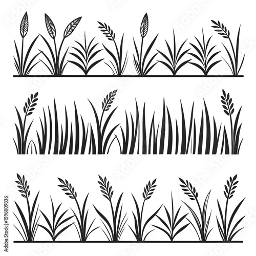 Three rows of black grass and wheat silhouettes on a white background field agriculture