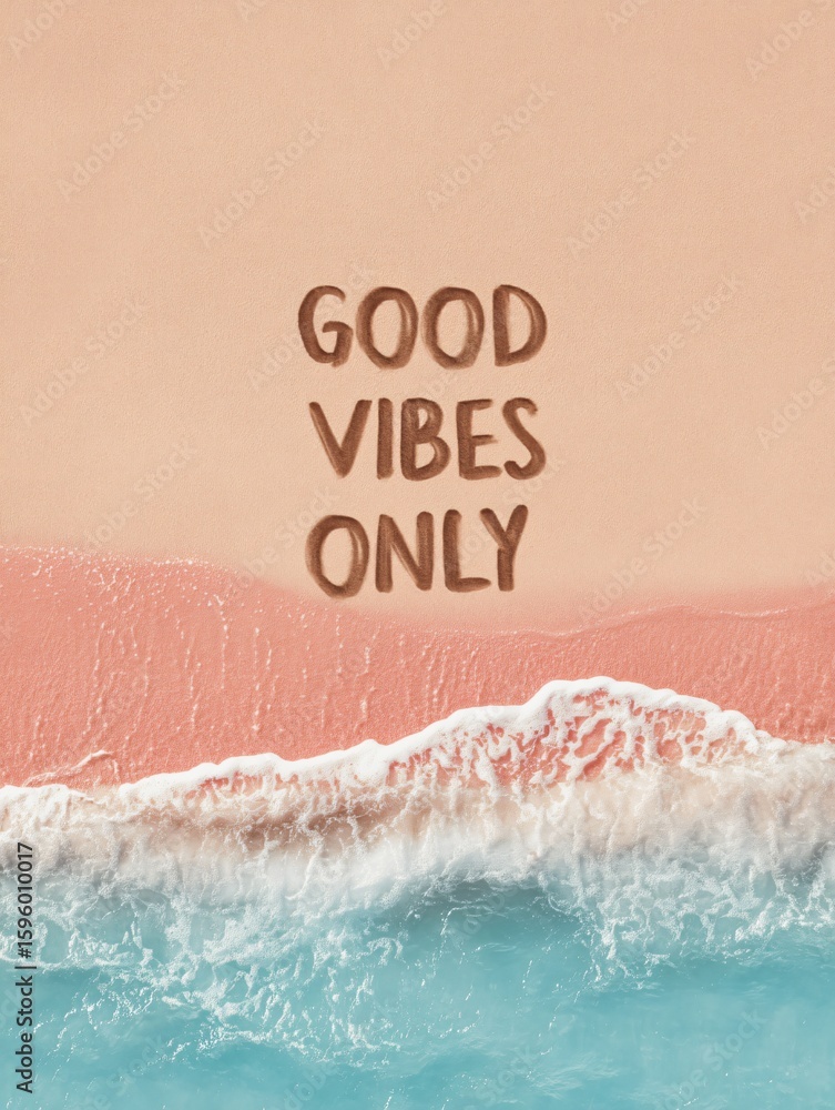 Fototapeta premium Good vibes only beach scene soft waves inspiring content tropical paradise aerial view relaxation concept