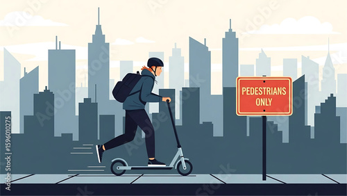 A delivery scooter zooming through a pedestrian-only zone with a “Pedestrians Only” sign visible