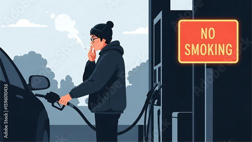 A driver smoking a cigarette while fueling up at a gas station next to a large “No Smoking” sign.