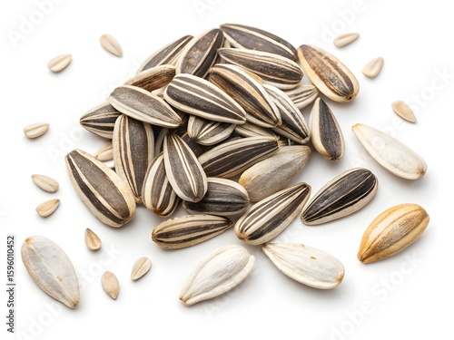 Pile of unshelled sunflower seeds on a white background