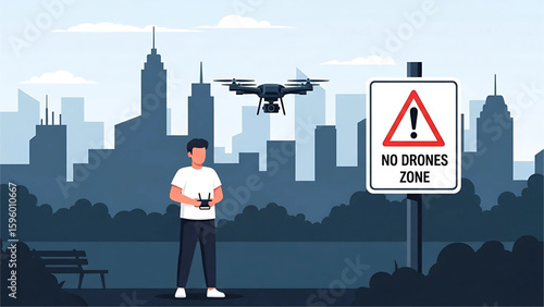 A drone flying over a restricted area with a red “No Drones Zone” warning sign visible below