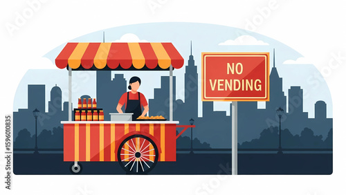 A food vendor cart set up under a large “No Vending” sign 2