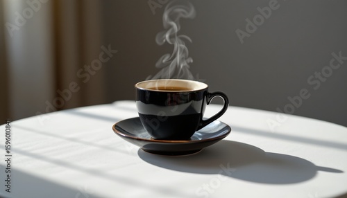 Wallpaper Mural black coffee cup steaming on saucer, morning ritual, clean lines Torontodigital.ca