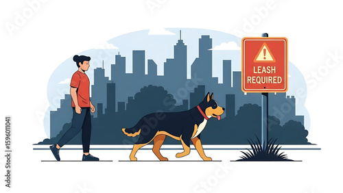 A large dog being walked without a leash in front of a “Leash Required” sign at a city park 