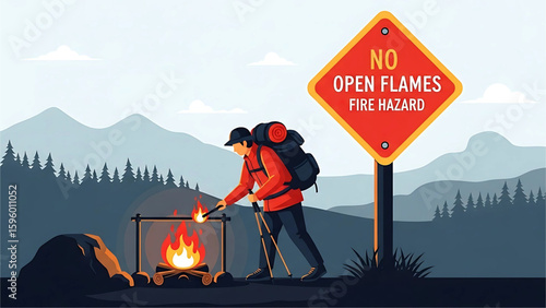 A hiker lighting a fire in a dry area under a red “No Open Flames – Fire Hazard” sign