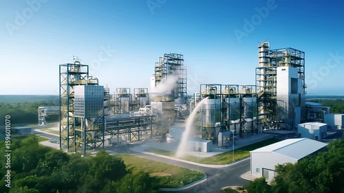 Tracking Shot Reveals Aerial View of Carbon Capture Facility in Green Landscape Under Clear Skies
