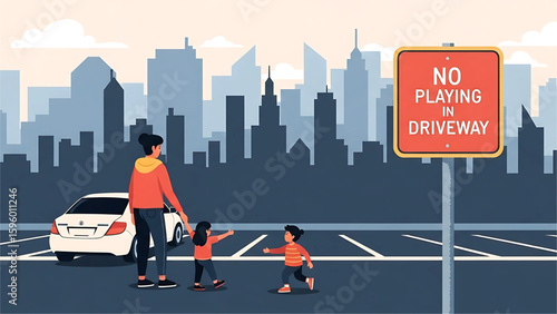 A parent letting children play in the middle of a parking lot beneath a “No Playing in Driveway” sign.