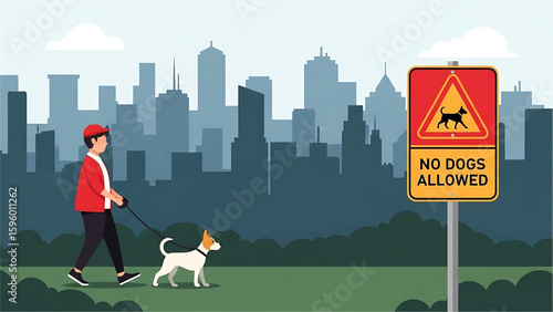 A pedestrian walking their dog in a park next to a “No Dogs Allowed” sign