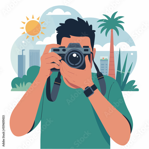 Clean and modern vector  photographer taking photos with camera in city landscape with palm tree and sun for travel photography 100