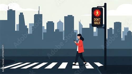 A person crossing a street while staring at their phone, ignoring a flashing “Don’t Walk” pedestrian signal.