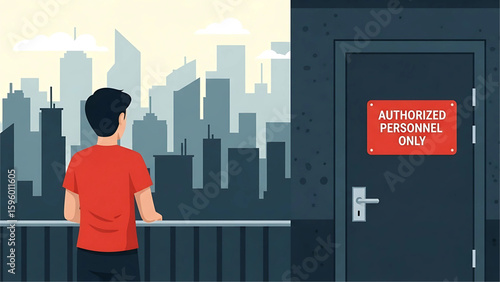 A person entering a restricted rooftop through a door marked “Authorized Personnel Only.”