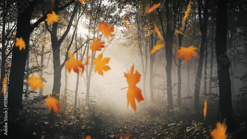 Enchanting autumn forest scene with falling golden leaves and misty atmosphere creates a serene