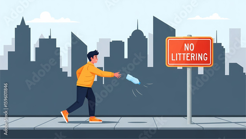 A person littering directly under a “No Littering” sign posted on a clean sidewalk