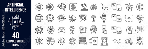 AI technology line icons set with editable stroke, containing robotic hands, machine learning, generative ai, chatbot, ai in education, data handling, automation, spot robot dog and many more.