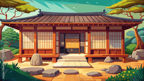 A traditional wooden house in Kyoto, Japan, with sliding shoji doors, tiled roof, and a peaceful rock garden in front. This centuries-old structure reflects the elegance of Japanese minimalism