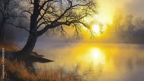 Majestic solitary tree silhouetted against a mystical foggy landscape in a serene natural setting