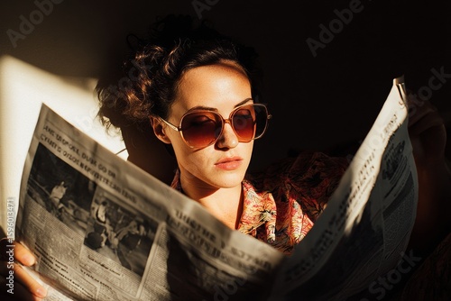 A woman with curly hair sits in a sunlit space, reading a newspaper and wearing stylish sunglasses, creating a relaxed atmosphere