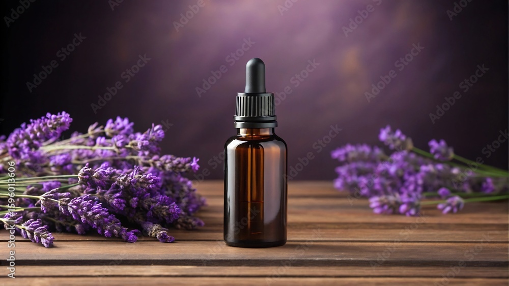 Aromatic lavender essential oil in a dark glass bottle sits amidst fresh lavender flowers on a wooden table, creating a calming and therapeutic scene Aromatic lavender essential oil in a dark glass bottle sits amidst fresh lavender flowers on a wooden table, creating a calming and therapeutic scene