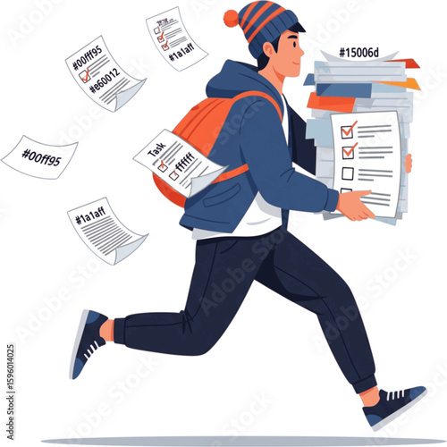 Young Man Rushing with Tasks: Modern Productivity and Workload