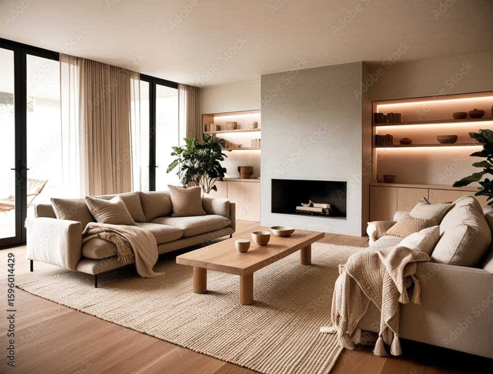 Fototapeta premium A thoughtfully designed cozy living room that balances warmth and modern simplicity.