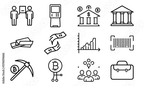 Finance and Banking Line Icon Set – Minimalist Business, Crypto, ATM, Money Transfer, Investment and Economy Icons Bundle for Digital Design and Web UI

