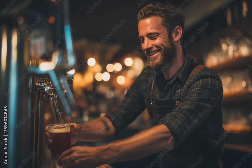 Professional Bartender Pouring Beer from Tap in Craft Brewery - Bar Service Professional Bartender Pouring Beer from Tap in Craft Brewery - Bar Service