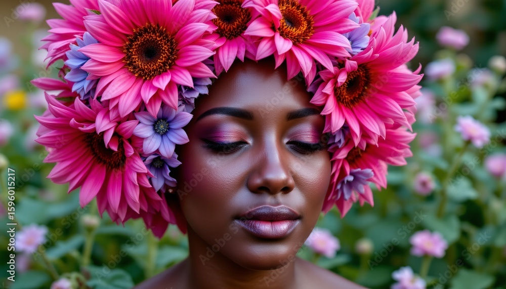 Naklejka premium radiant woman smiling softly, sunflowers crowning head, bust made of exotic flowers, in vibrant pinks and blues, background lush meadow