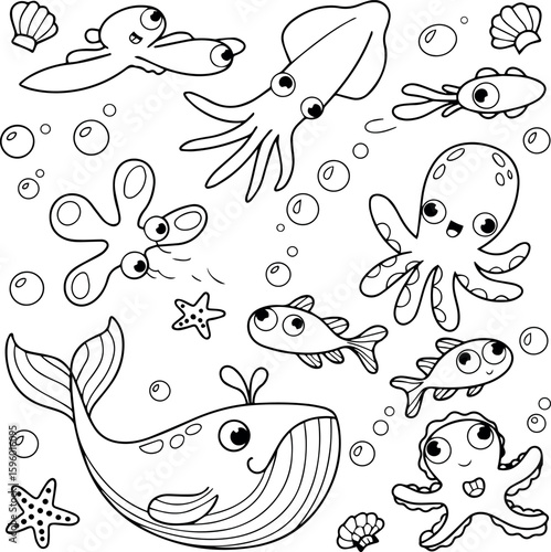 Clean and modern vector  ocean animals coloring page for kids cute sea creatures whale octopus squid starfish fish shell drawing art 100