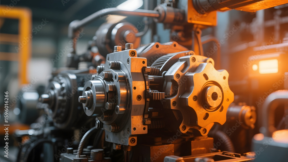 Fototapeta premium Industrial Machinery with Precision Components in a Factory Setting