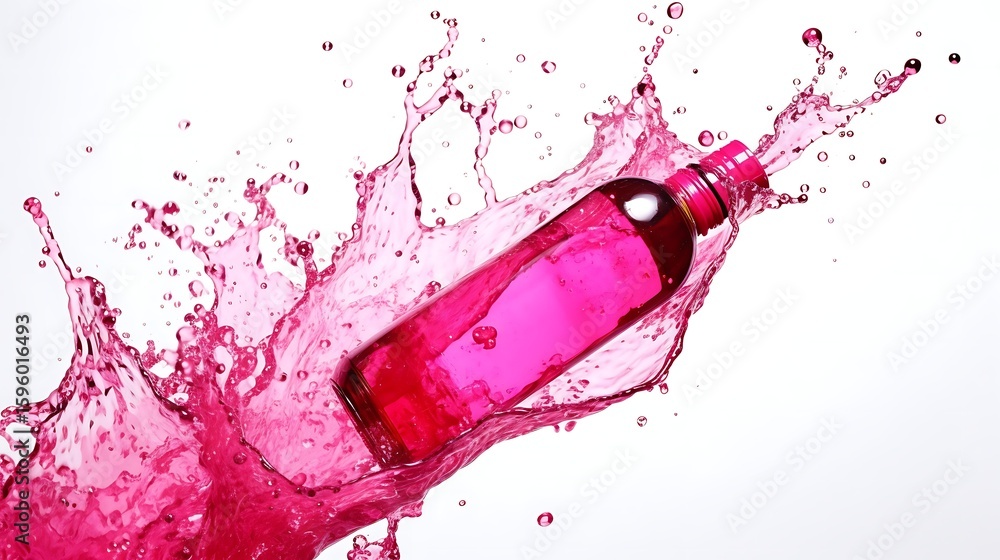 Fototapeta premium Hot magenta polish spilling thickly from bottlea??s side, fluid motion captured mid-spread, clean white full frame background .