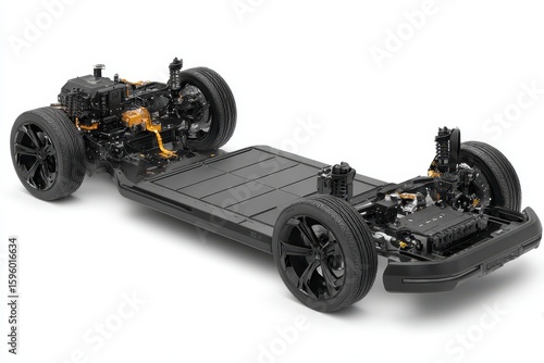 Electric vehicle chassis, showing battery pack and drivetrain