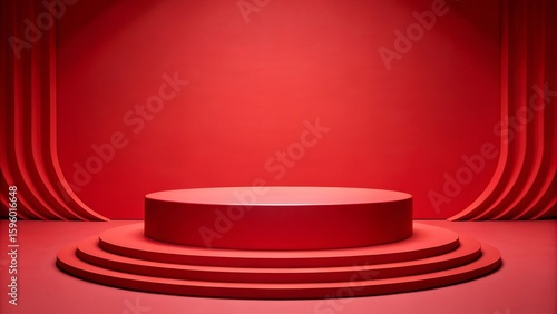 Minimalist red pedestal stage with curved background and spotlight
