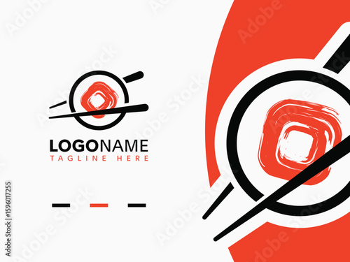 Modern sushi restaurant logo design featuring a stylized sushi roll with chopsticks and bold red and black graphic elements