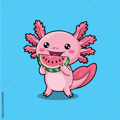 Clean and modern vector  cute axolotl cartoon illustration eating watermelon summer fruit vector design for kids drawing printable 100