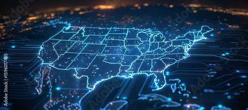 United States of America modern network map. Information wireless data smart ecosystem. Generative video AI technology.