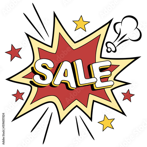 A bold "SALE" sticker with a dynamic comic-style burst and bright red-yellow color scheme to grab attention instantly.