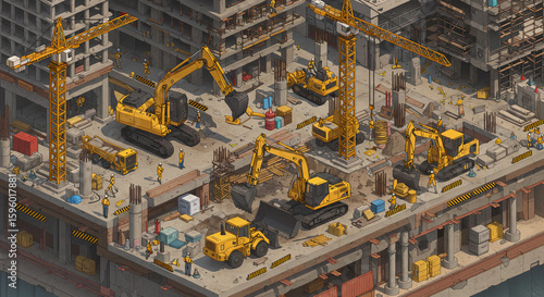 Isometric Construction Site: Yellow Machinery and Workers Building a Skyscraper.