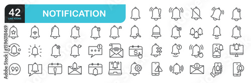 Set of line icons related to Ring, Bell, notification. Outline icons collection. Editable stroke. Vector illustration