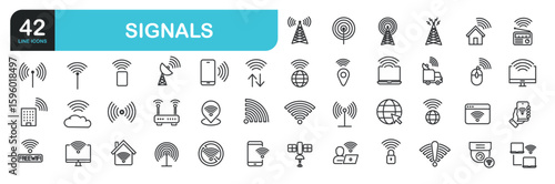 Set of line icons related to signal, wifi , internet. Outline icons collection. Editable stroke. Vector illustration