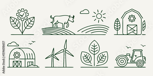 eco farm sustainable agriculture line icon set