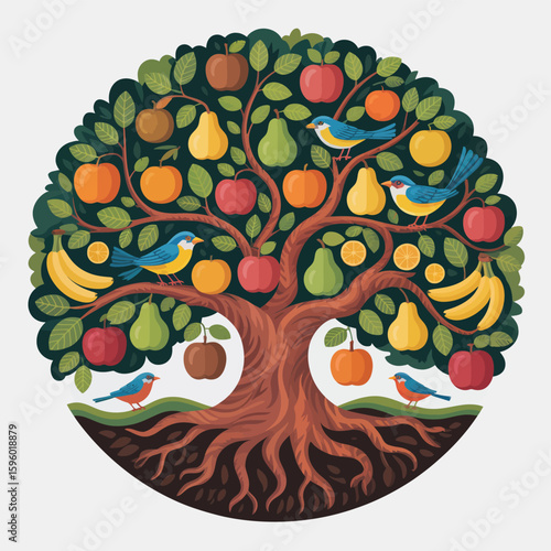 Whimsical tree of life with colorful fruits and birds