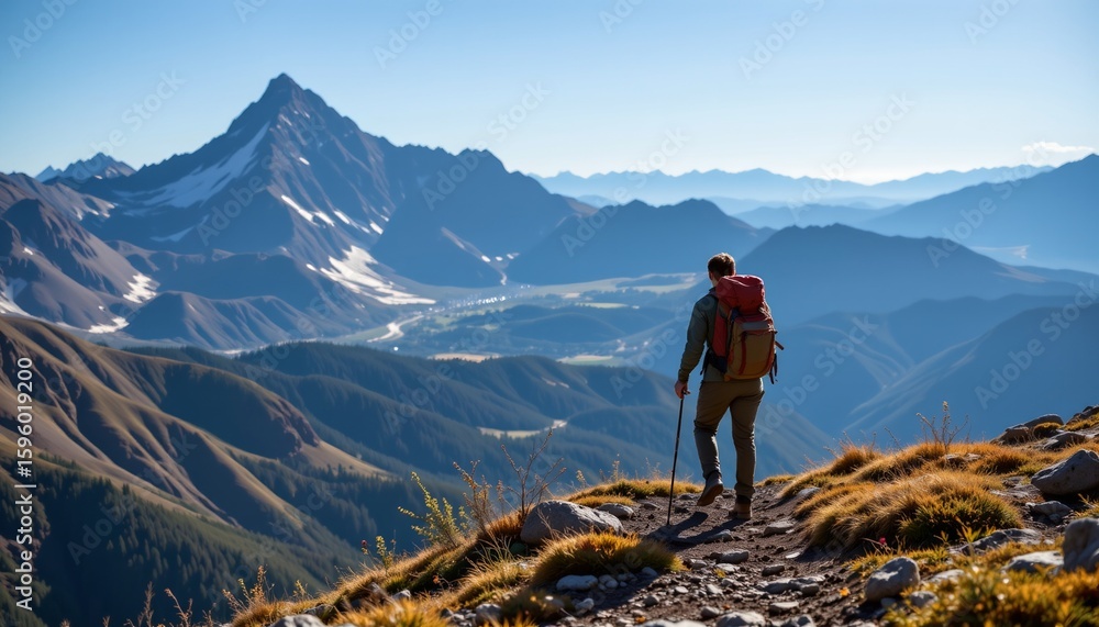 Obraz premium solo traveler hiking mountain trail, backpack on, adventurous spirit, empowerment