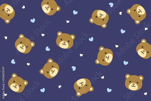 Whimsical bear faces and hearts scattered on a rich dark blue background. Great for kids' pajamas or charming bedtime-themed items.