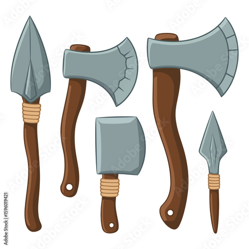 Collection of ancient primitive weapons and tools with wooden handles