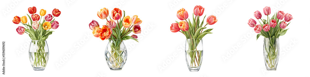 Obraz premium Tulip Bouquet Collection: Colorful Tulips in Glass Vases on White