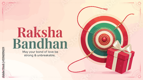 raksha bandhan greeting card with ornate rakhi, red gift box, and loving message on soft pink beige background symbolizing unbreakable bonds
