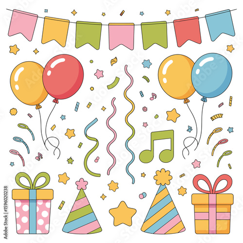 Festive birthday party elements with balloons gifts and confetti